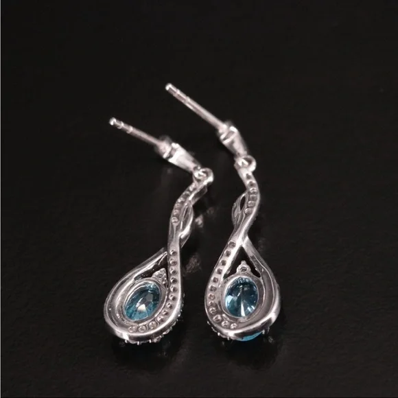 3 PIECES-Blue & White Topaz 925 Strlng Silver Necklace, Bolo Bracelet & Earrings - Picture 6 of 8